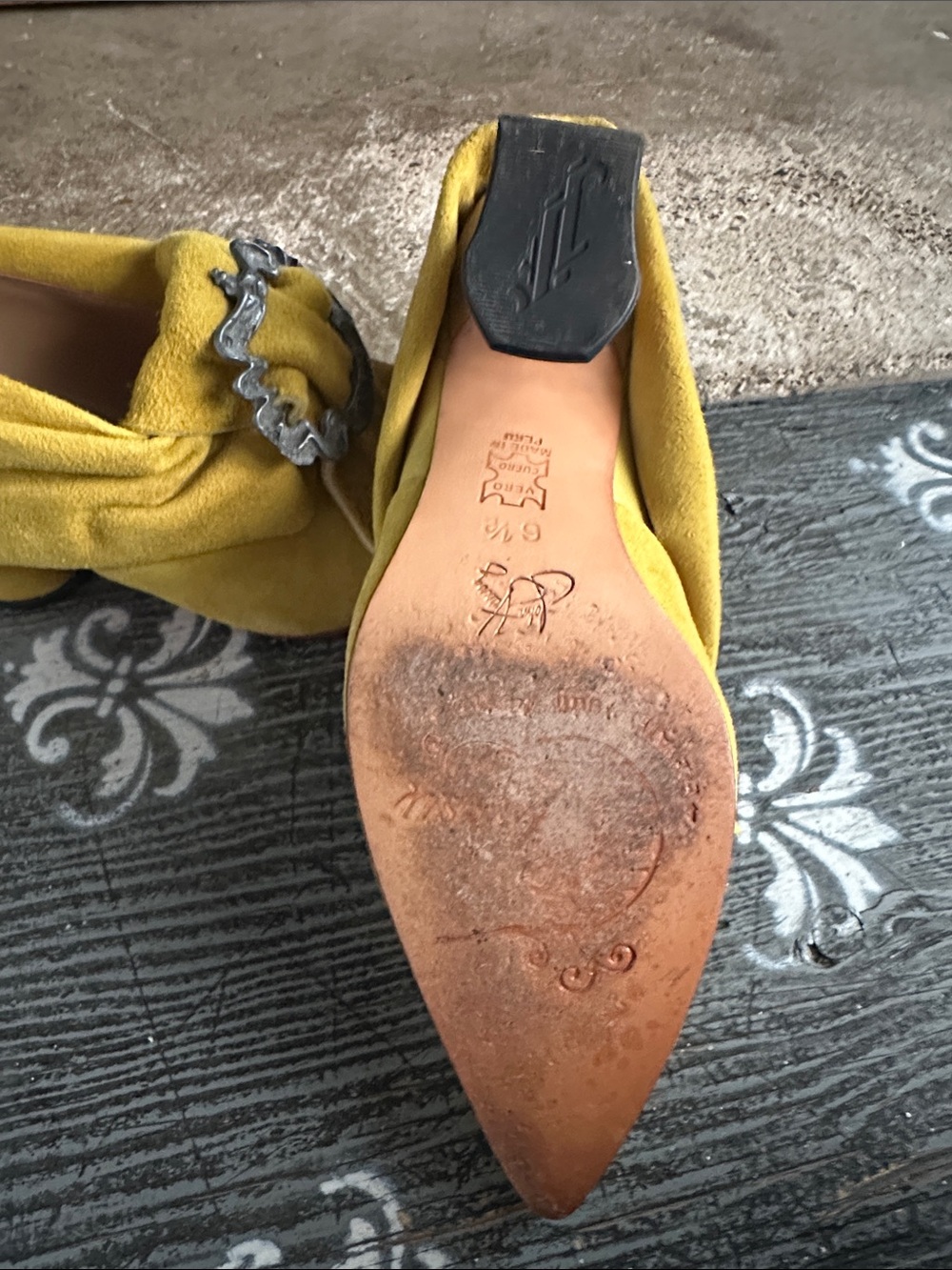 Fluevog Juliette Suede Pointed Toe Heels with Decorative Buckle. - Picture 7 of 10
